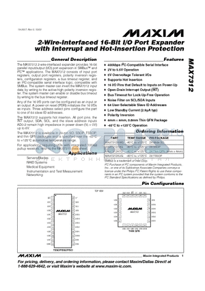 MAX7312 datasheet - 2-Wire-Interfaced 16-Bit I/O Port Expander with Interrupt and Hot-Insertion Protection
