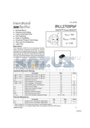IRLL2705PBF datasheet - HEXFET POWER MOSFET ( VDSS = 55V , RDS(on) = 0.04Y , ID = 3.8A )