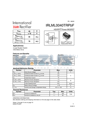 IRLML0040TRPBF datasheet - HEXFET Power MOSFET