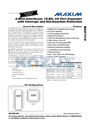 MAX7318 datasheet - 2-Wire-Interfaced, 16-Bit, I/O Port Expander with Interrupt and Hot-Insertion Protection
