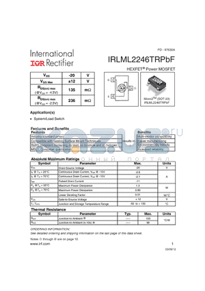IRLML2246TRPBF datasheet - HEXFETPower MOSFET