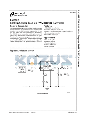 LM2622 datasheet - 600kHz/1.3MHz Step-up PWM DC/DC Converter