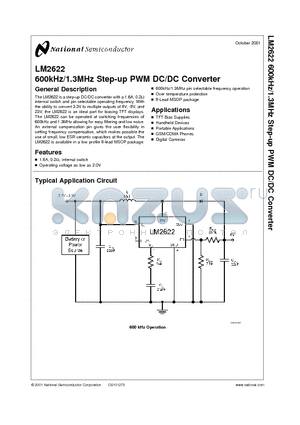 LM2622 datasheet - 600kHz/1.3MHz Step-up PWM DC/DC Converter