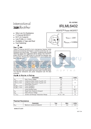 IRLML6402TRPBF datasheet - Ultra Low On-Resistance