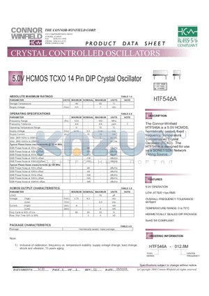 HTF546A-012.8M datasheet - 5.0V HCMOS TCXO 14 Pin DIP Crystal Oscillator