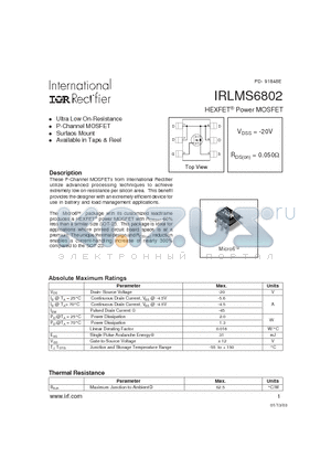 IRLMS6802 datasheet - HEXFET Power MOSFET