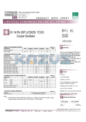 HTFL530 datasheet - 3.3V 14 Pin DIP LVCMOS TCXO Crystal Oscillator