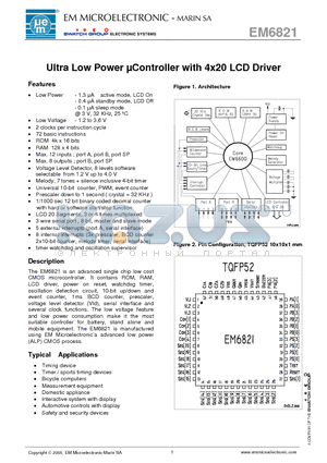 EM6821WW08 datasheet - Ultra Low Power uController with 4x20 LCD Driver