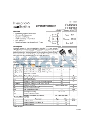 IRLR2908 datasheet - AUTOMOTIVE MOSFET