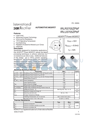 IRLR3705ZPBF datasheet - AUTOMOTIVE MOSFET HEXFET Power MOSFET