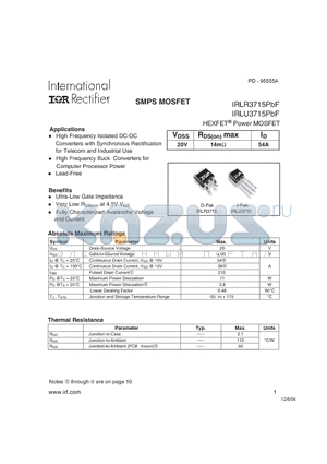 IRLR3715PBF datasheet - SMPS MOSFET