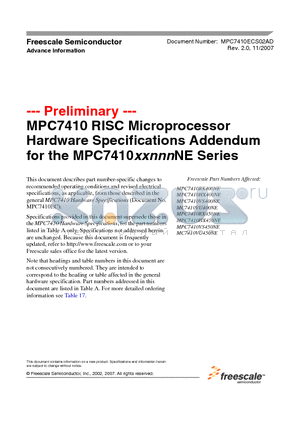MPC7410RX400NE datasheet - MPC7410 RISC Microprocessor Hardware Specifications Addendum
