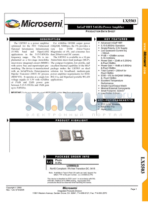 LX5503 datasheet - InGaP HBT 5-6GHz Power Amplifier
