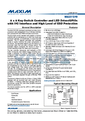 MAX7370 datasheet - 8 x 8 Key-Switch Controller and LED Driver/GPIOs with I2C Interface and High Level of ESD Protection