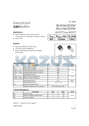 IRLR7807ZCPBF datasheet - HEXFET Power MOSFET