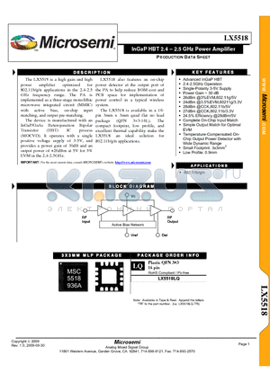 LX5518 datasheet - InGaP HBT 2.4 - 2.5 GHz Power Amplifier