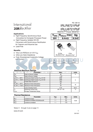 IRLR8721PBF datasheet - HEXFET Power MOSFET
