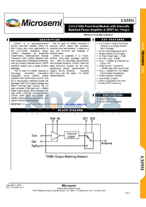 LX5551 datasheet - 2.4-2.5 GHz Front-End Module with Internally Matched Power Amplifier & SPDT for 11b/g/n