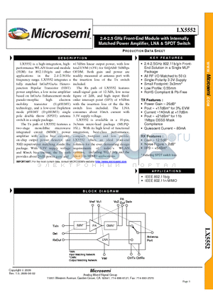 LX5552 datasheet - 2.4-2.5 GHz Front-End Module with Internally Matched Power Amplifier, LNA & SPDT Switch