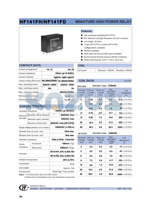 HF141FD/009-ZSTXXX datasheet - MINIATURE HIGH POWER RELAY