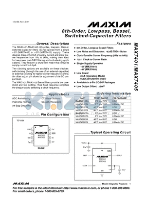 MAX7401CPA datasheet - 8th-Order, Lowpass, Bessel, Switched-Capacitor Filters