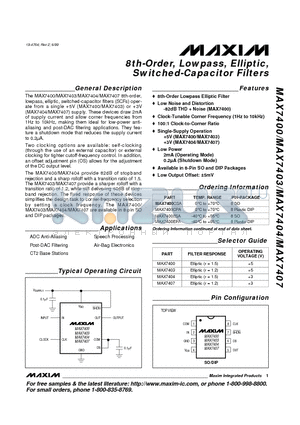 MAX7400EPA datasheet - 8th-Order, Lowpass, Elliptic, Switched-Capacitor Filters