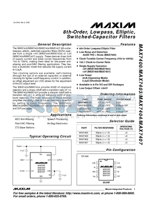 MAX7407 datasheet - 8th-Order, Lowpass, Elliptic, Switched-Capacitor Filters