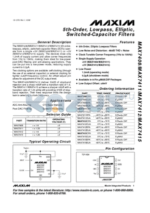 MAX7408 datasheet - 5th-Order, Lowpass, Elliptic, Switched-Capacitor Filters