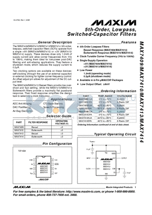 MAX7409CPA datasheet - 5th-Order, Lowpass, Switched-Capacitor Filters