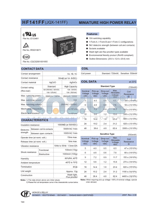 HF141FF/005-DSPXXX datasheet - MINIATURE HIGH POWER RELAY