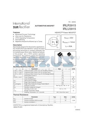 IRLU3915 datasheet - HEXFET Power MOSFET