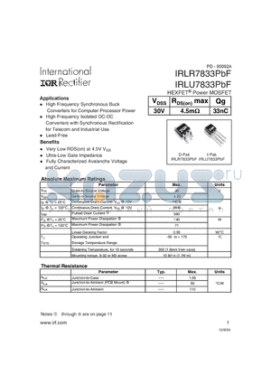 IRLU7833PBF datasheet - HEXFET Power MOSFET ( VDSS = 30V , RDS(on)max = 4.5mY , Qg = 33nC )