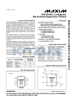 MAX7414CPA datasheet - 5th-Order, Lowpass, Switched-Capacitor Filters