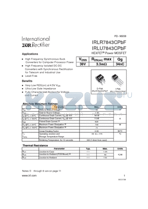 IRLU7843CPBF datasheet - HEXFET Power MOSFET