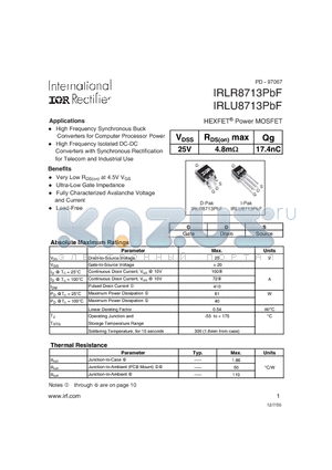 IRLU8713PBF datasheet - HEXFET Power MOSFET
