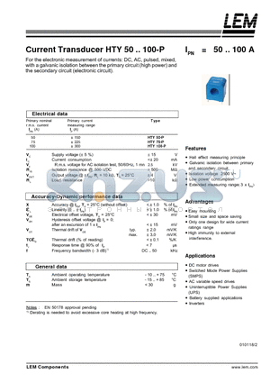 HTY75-P datasheet - Current Transducer HTY 50~100-P