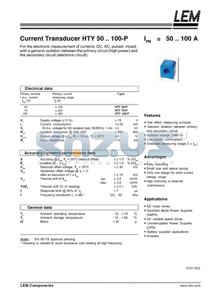 HTY100-P datasheet - Current Transducer HTY 50~100-P