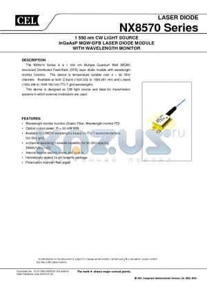 NX8570SC373-BA datasheet - 1 550 nm CW LIGHT SOURCE InGaAsP MQW-DFB LASER DIODE MODULE WITH WAVELENGTH MONITOR