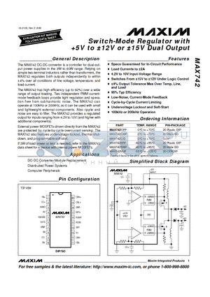 MAX742CPP datasheet - Switch-Mode Regulator with 5V to a12V or a15V Dual Output