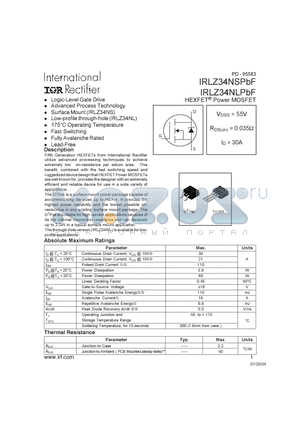 IRLZ34NLPBF datasheet - HEXFET Power MOSFET ( VDSS = 55V , RDS(on) = 0.035Y , ID = 30A )