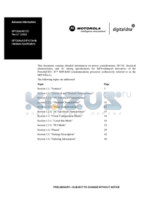 MPC826XAZUSPMX datasheet - MPC826xA (HiP4) Family Hardware Specifications