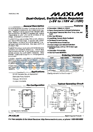 MAX743CPE datasheet - Dual-Output, Switch-Mode Regulator(5V to -15V or -12V)