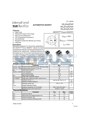 IRLZ44ZPBF datasheet - AUTOMOTIVE MOSFET (VDSS = 55V , RDS(on) =13.5mY , ID = 51A)