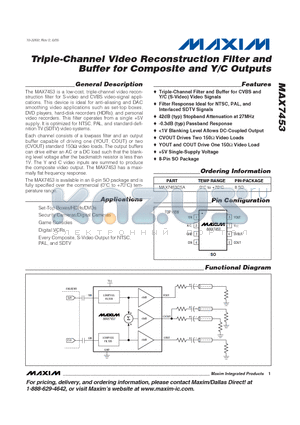 MAX7453CSA datasheet - Triple-Channel Video Reconstruction Filter and Buffer for Composite and Y/C Outputs