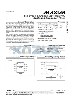 MAX7480EPA datasheet - 8th-Order, Lowpass, Butterworth, Switched-Capacitor Filter