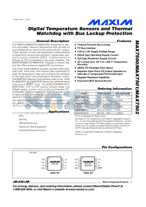 MAX7500MSA datasheet - Digital Temperature Sensors and Thermal Watchdog with Bus Lockup Protection