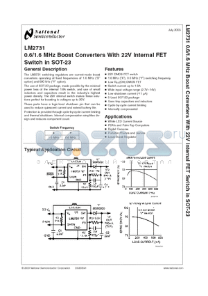 LM2731 datasheet - 0.6/1.6 MHz Boost Converters With 22V Internal FET Switch in SOT-23