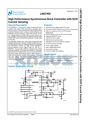 LM27402SQ datasheet - High Performance Synchronous Buck Controller with DCR Current Sensing