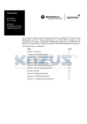 MPC8275ZQ datasheet - PowerQUICC II Family Hardware Specifications