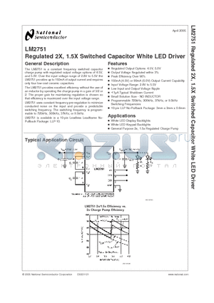 LM2751 datasheet - Regulated 2X, 1.5X Switched Capacitor White LED Driver